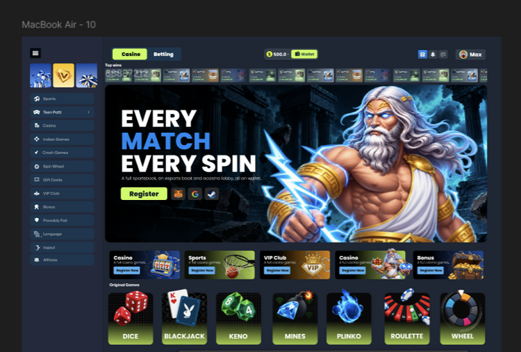 Casino and betting platform homepage design