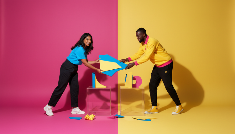 Two AYDES designers building a colourful brand installation