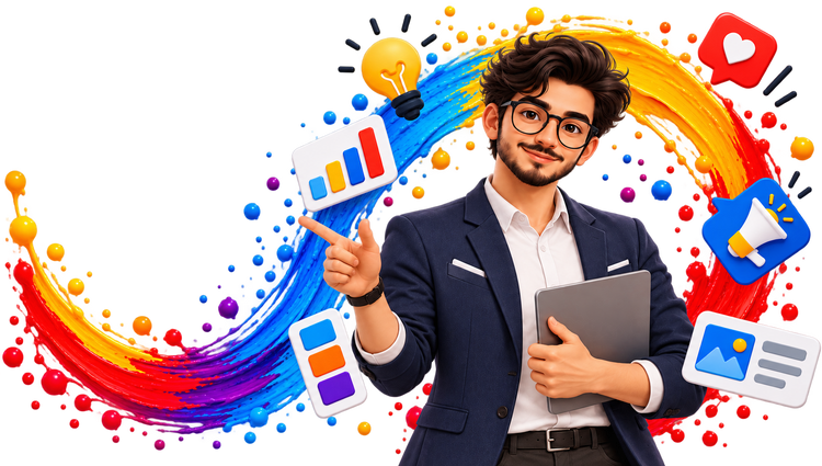 The AYDES illustrated creative director pointing at colourful design elements